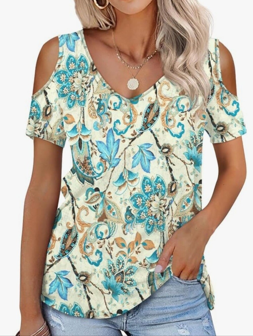 Cold-Shoulder Floral V-Neck Top in Teal and Cream